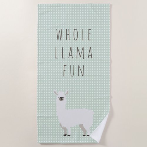 Green and White Polka Dot Cute Llama Beach Towel