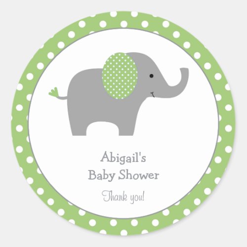 Green and White Polka Dot Elephant Baby Shower  Classic Round Sticker