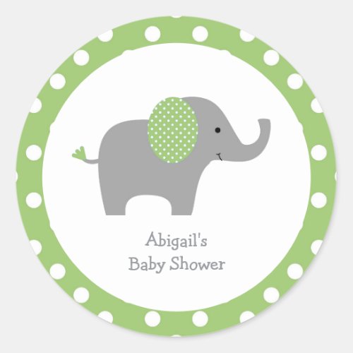 Green and White Polka Dot Elephant Baby Shower Squ Classic Round Sticker