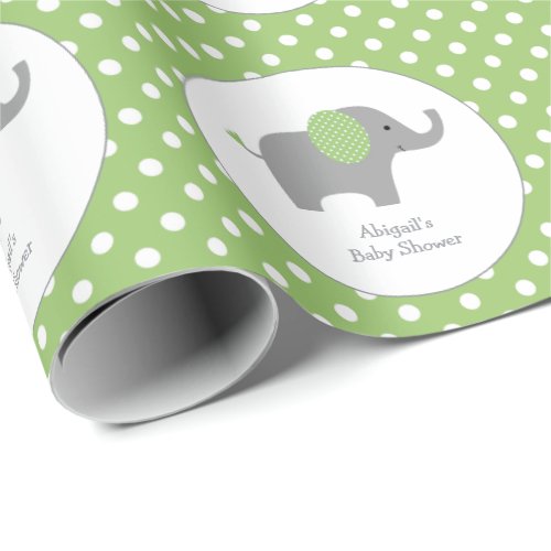 Green and White Polka Dot Elephant Baby Shower Wrapping Paper