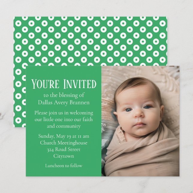 Green and White Polka-dot Photo Baby Blessing Invitation (Front/Back)