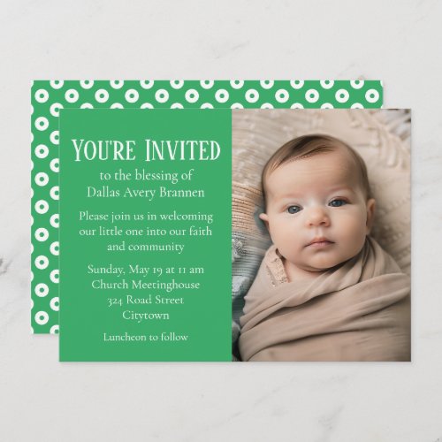 Green and White Polka_dot Photo Baby Blessing Invitation