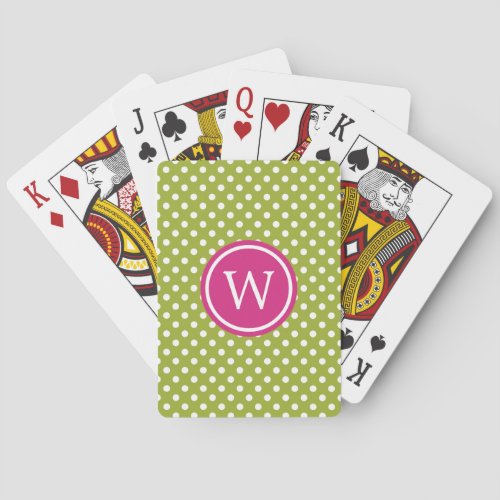 Green and White Polka Dot With Pink Monogram Poker Cards