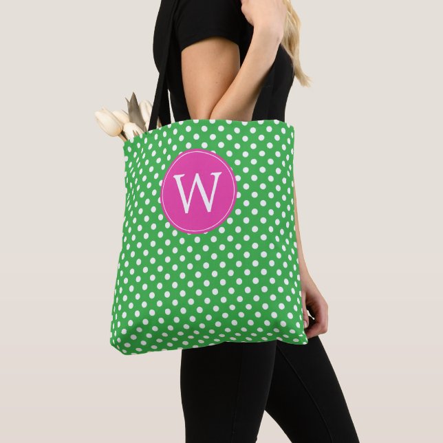 Green and White Polka Dot With Pink Monogram Tote Bag (Close Up)
