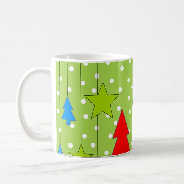 Green and White Polka Dots Christmas Tree Pattern Coffee Mug (Left)