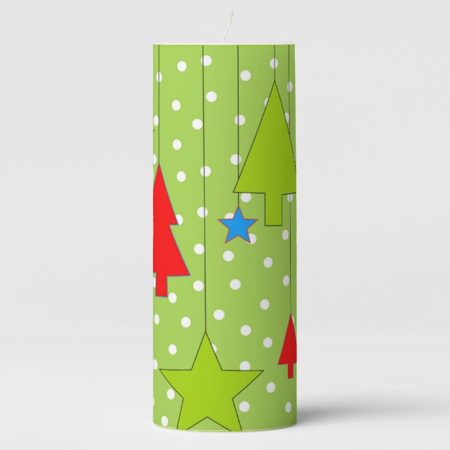 Green and White Polka Dots Christmas Tree Pattern Pillar Candle (Front)