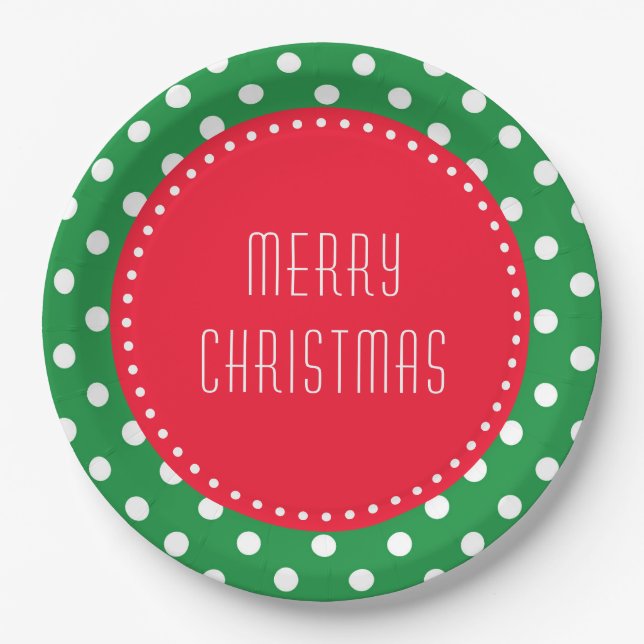 Green and white polka dots with red Christmas Pape Paper Plates (Front)