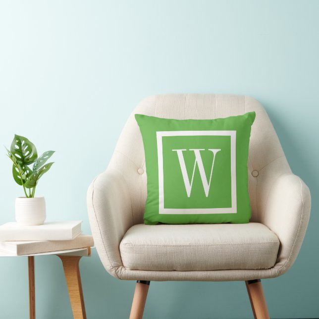 Green and White Preppy Square Monogram Throw Pillow (Chair)