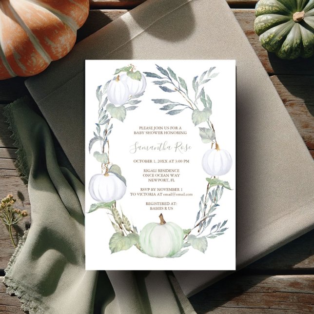 Green and WHITE PUMPKIN Greenery BABY Shower Invitation (gender neutral baby shower invitations watercolor fall pumpkin in green and white)