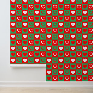 Green and White Red Hearts Check Pattern Christmas Wallpaper