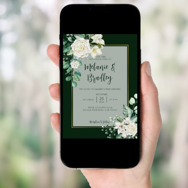 Green and white roses elegant simple wedding invitation (Front Digital)