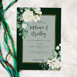 Green and white roses elegant simple wedding invitation