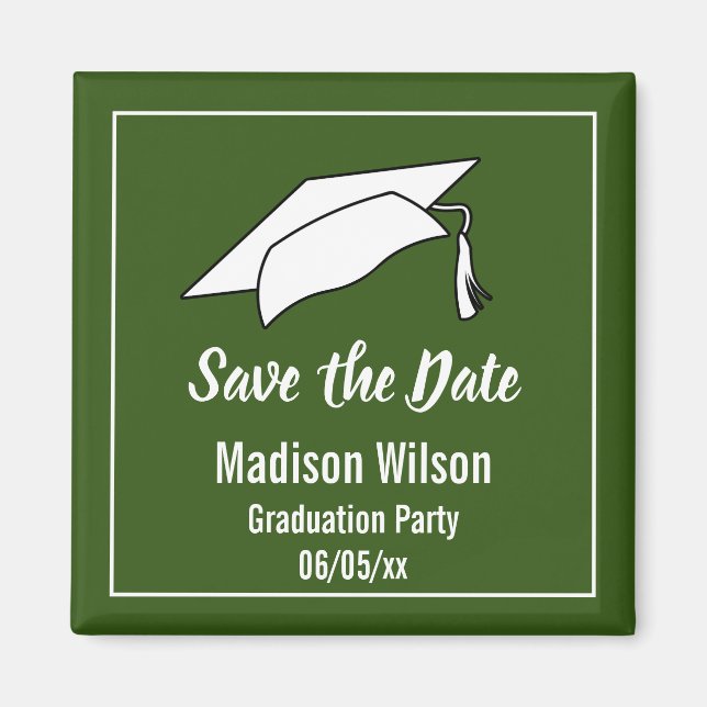 Green and White Save the Date Graduation Party Magnet (Front)