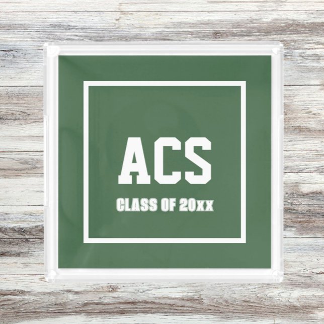 Green and White School Colors and Letters Acrylic Tray (In Situ Top View)