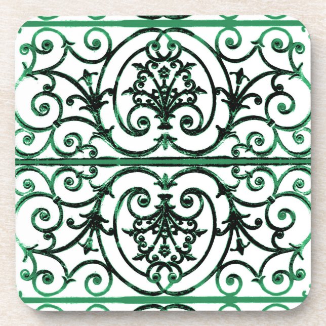 Green and white scrollwork pattern drink coaster (Front)