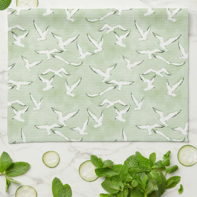 Green And White Seagull Beach Bird Pattern Kitchen Towel (Folded)