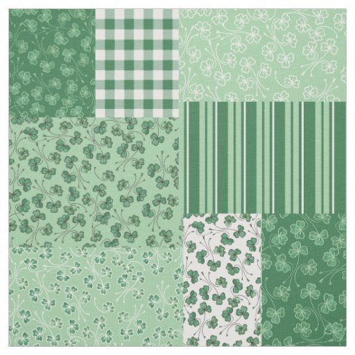 Green and White Shamrock Patterns Faux Patchwork Fabric