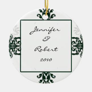 Green and White Silver Damask Ceramic Ornament