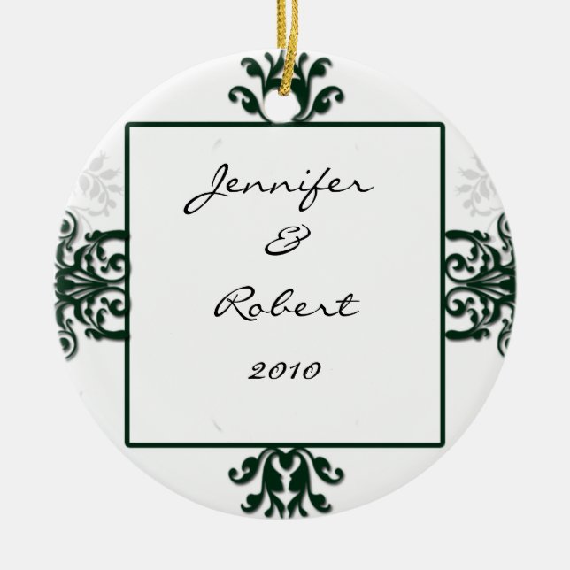 Green and White Silver Damask Ceramic Ornament (Front)