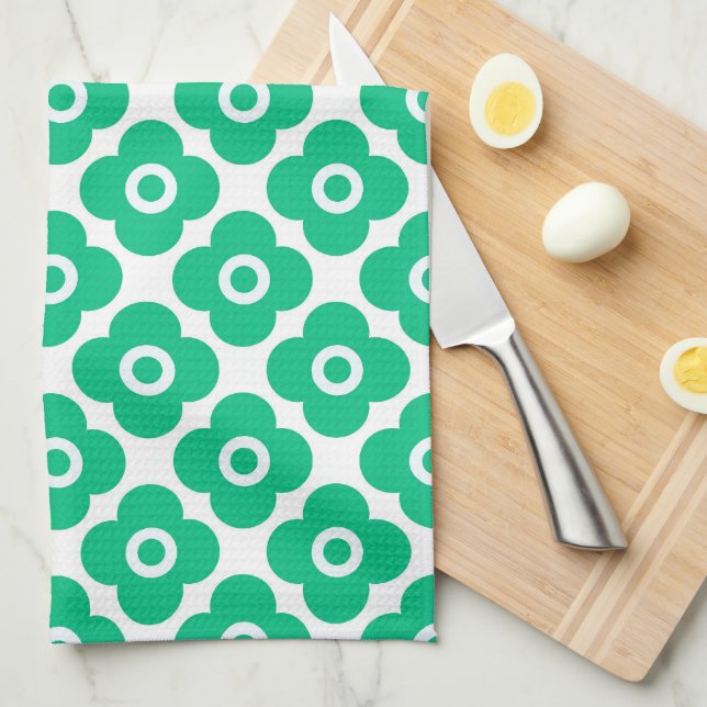 Green and white simple floral pattern retro kitchen towel (Quarter Fold)