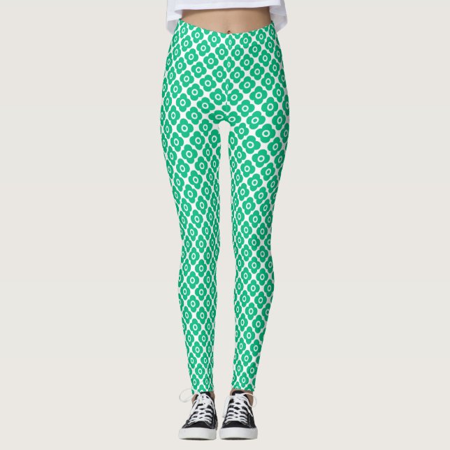 Green and white simple floral pattern retro leggings (Front)