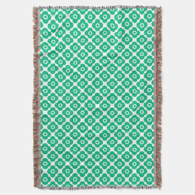 Green and white simple floral pattern retro throw blanket (Front Vertical)