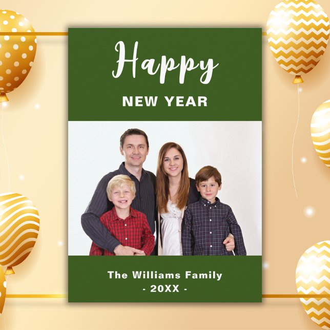 Green And White Simple Happy New Year Family Photo Holiday Card (Creator Uploaded)