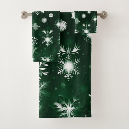 Green And White Snowflake Pattern Bath Towel Set