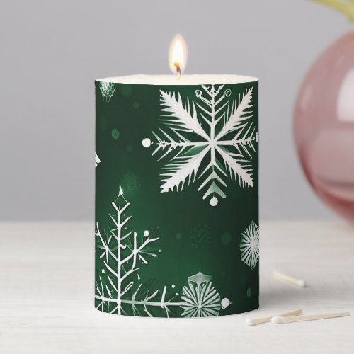 Green And White Snowflake Pattern Pillar Candle
