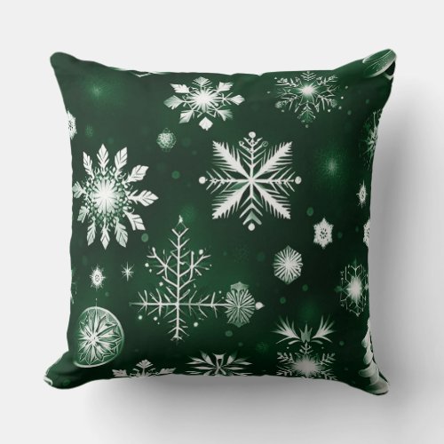 Green And White Snowflake Pattern Throw Pillow