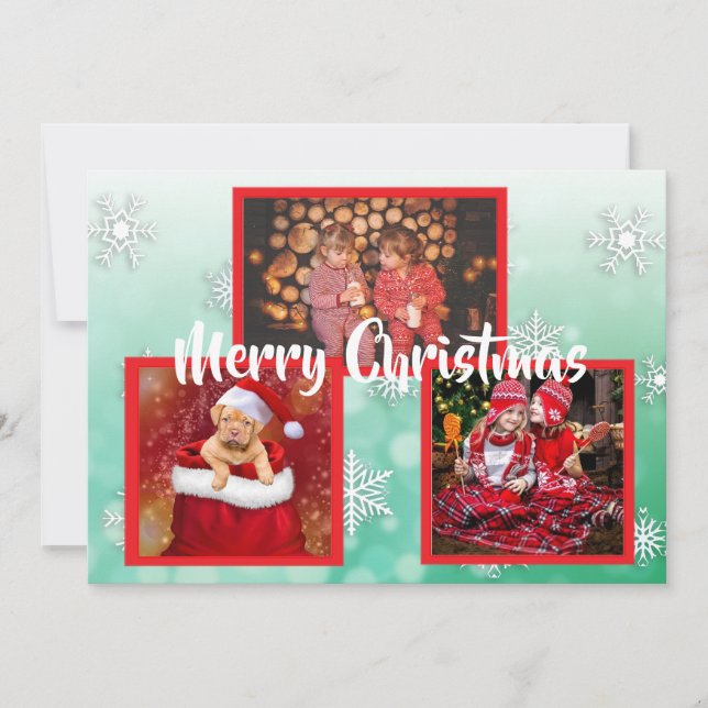 Green and White Snowflakes Family Photos Christmas Invitation (Front)