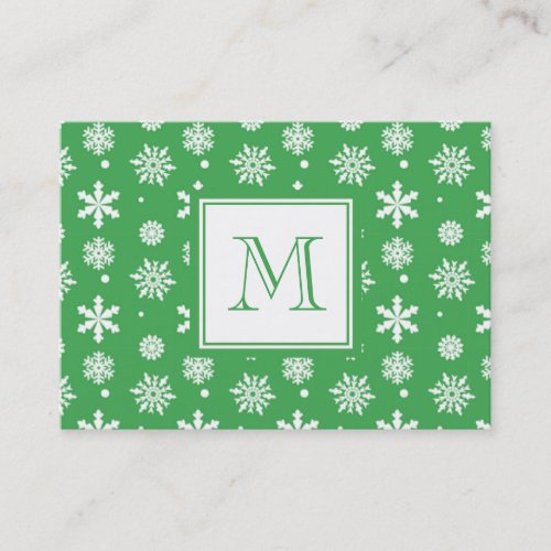Green and White Snowflakes Pattern 1 with Monogram Business Cards
