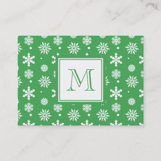 Customizable Green and White Snowflakes Pattern 1 with Monogram Business Cards