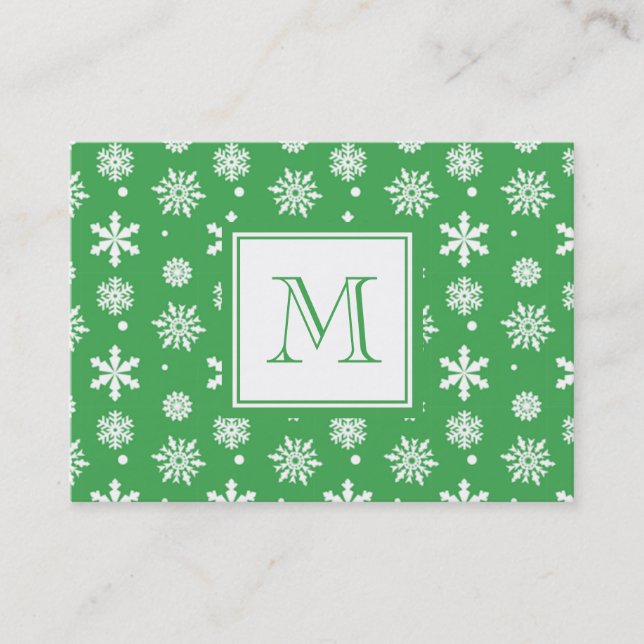Green and White Snowflakes Pattern 1 with Monogram Business Card (Front)