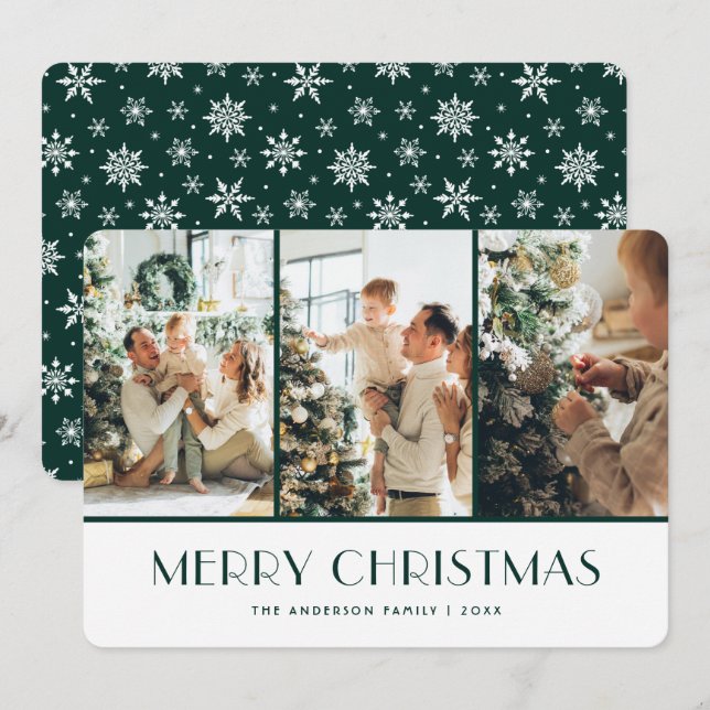 Green and White Snowflakes Photo Christmas Card (Front/Back)