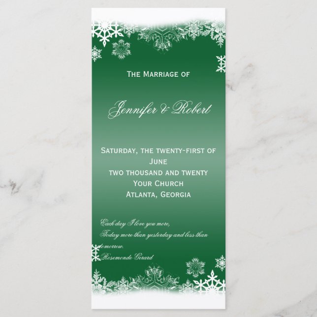 Green and White Snowflakes Wedding Program (Front)