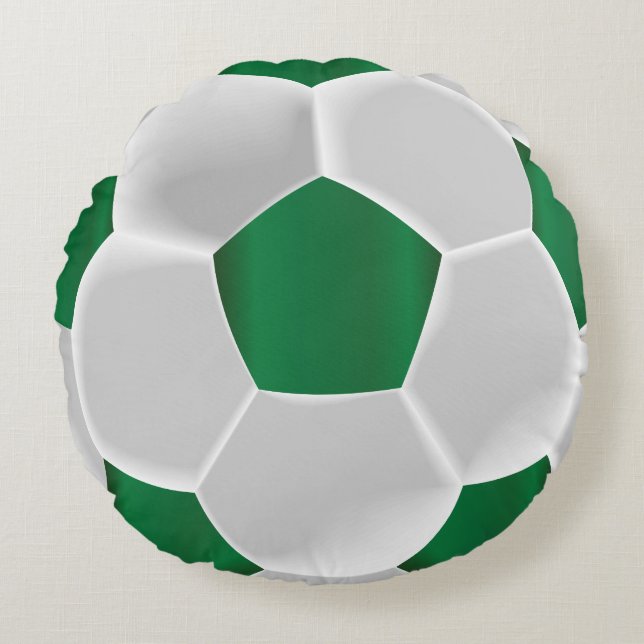 Green and White Soccer Ball Round Pillow (Front)