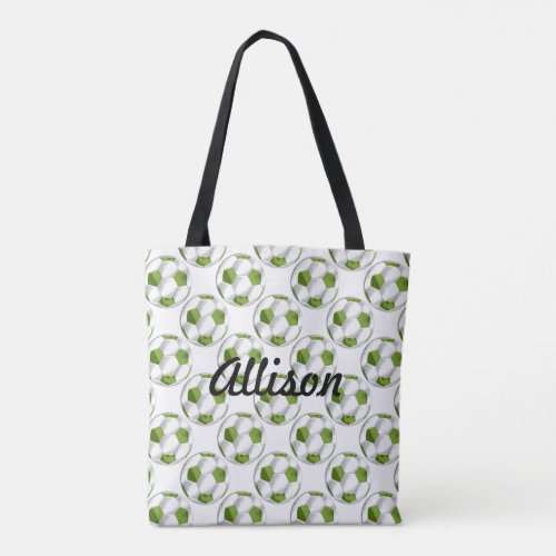 Green and White Soccer Balls with Name Tote Bag