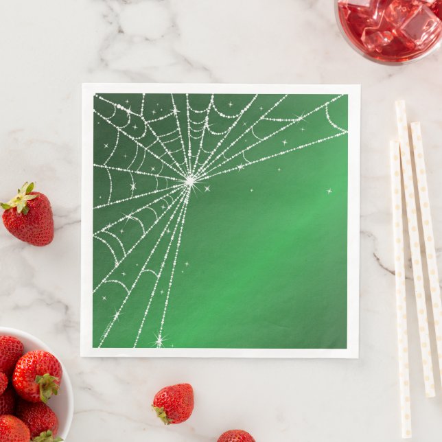 Green and White Sparkling Diamond Spider Web Paper Dinner Napkins (Insitu)