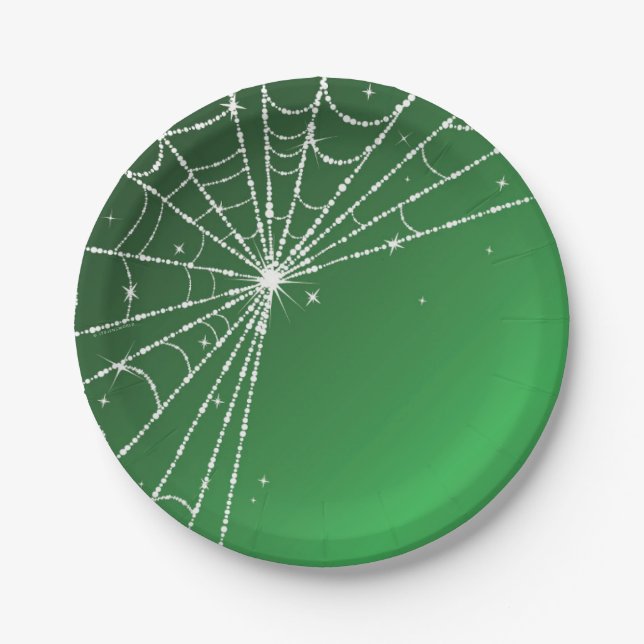 Green and White Sparkling Diamond Spider Web Paper Plates (Front)