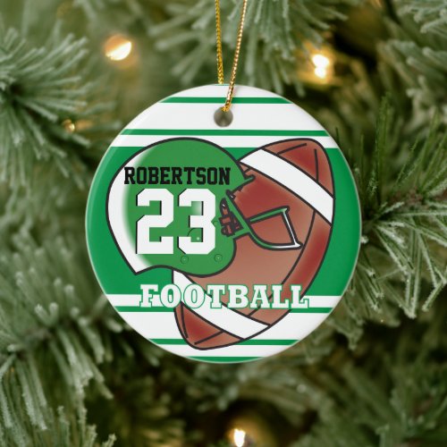 Green and White Sport Football Ceramic Ornament