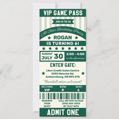 Green and White Sports Team Ticket Birthday Party Invitation
