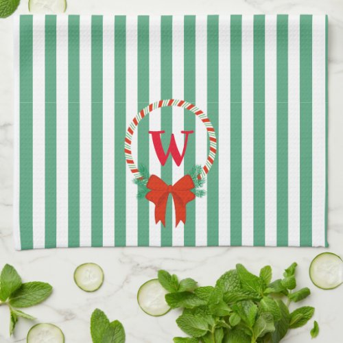 Green and White Stripe Peppermint Wreath Monogram Kitchen Towel