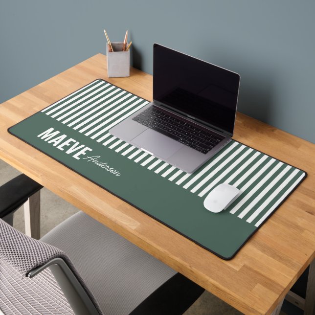 Green and white stripe personalized modern elegant desk mat (Office 2)