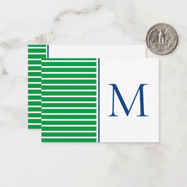 Green and White Stripe With Navy Blue Monogram Note Card (Front/Back In Situ)