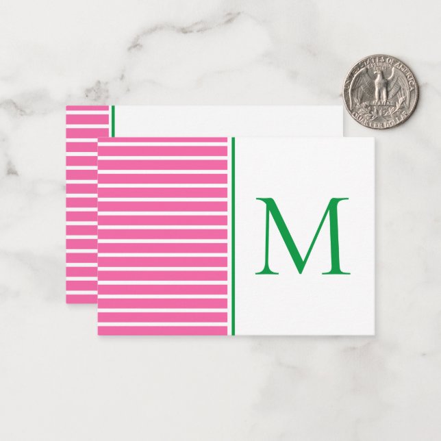 Green and White Stripe With Navy Blue Monogram Note Card (Front/Back In Situ)
