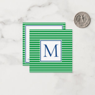 Green and White Stripe With Navy Blue Monogram Note Card