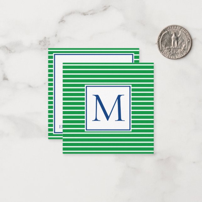 Green and White Stripe With Navy Blue Monogram Note Card (Front/Back In Situ)