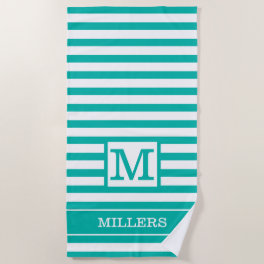 Green And White Striped Family Name Monogrammed Beach Towel