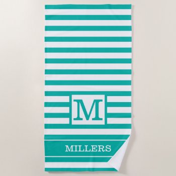 Green And White Striped Family Name Monogrammed   Beach Towel by InitialsMonogram at Zazzle